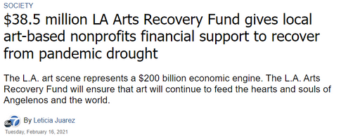 Headline from news coverage secured by Haines & Co. for the LA Arts Recovery Fund. 